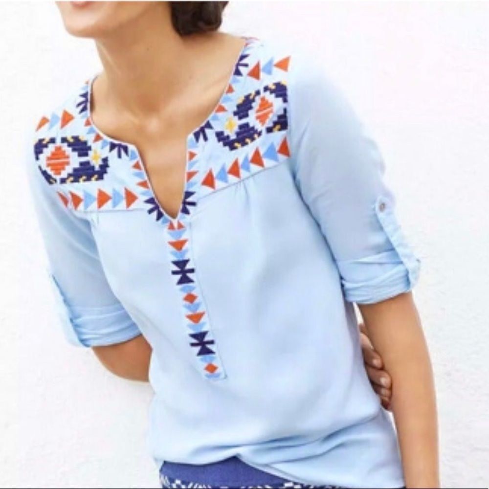 THML Super Cute Blue Embroidered Rayon Boho Style Blouse Top, Size S